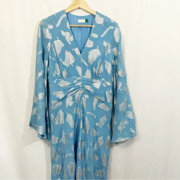 RIXO London Indra Long Bell Sleeve Metallic Print Midi Maxi Dress in Blue - Picture 6 of 14